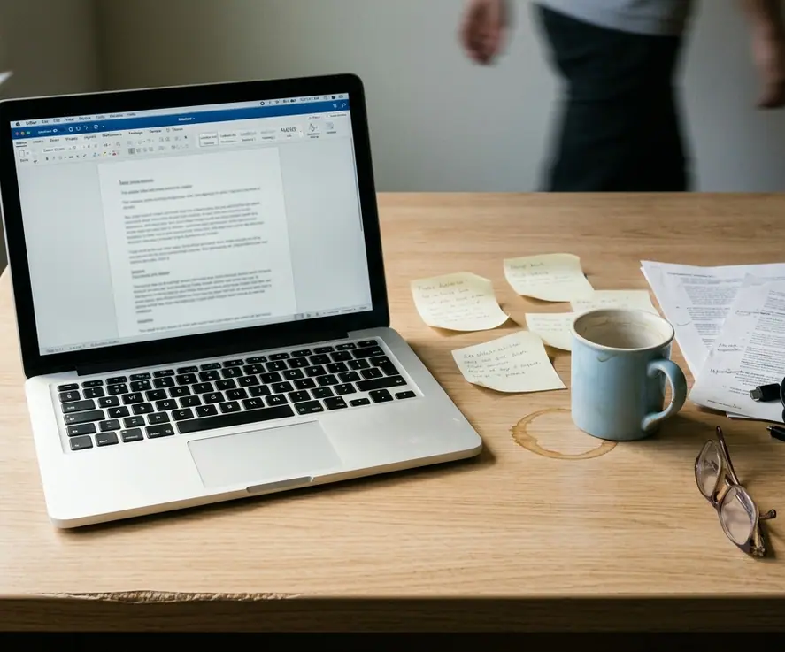 On-site Content creation workspace, clean aesthetic, mid-afternoon