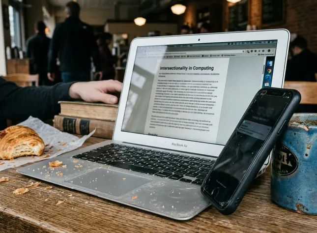 Field Coffee shop working environment: phone propped against a chipped ceramic mug, capturing a laptop