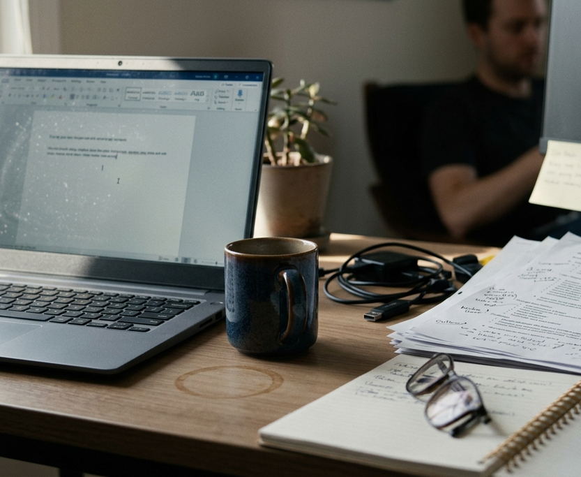Documentary take on Content creation workspace, clean aesthetic but lived-in — laptop open