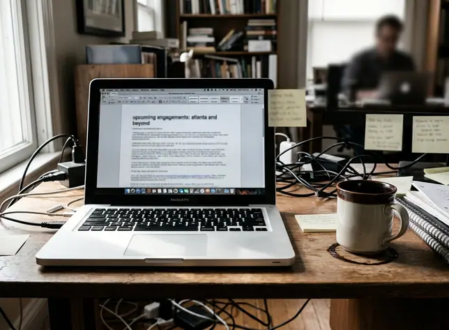 Documentary take on Home office writing setup with laptop, captured mid-afternoon at a cluttered desk